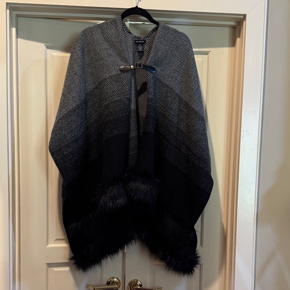 Max Edition Charcoal and Black Cape with Faux Fur Trim